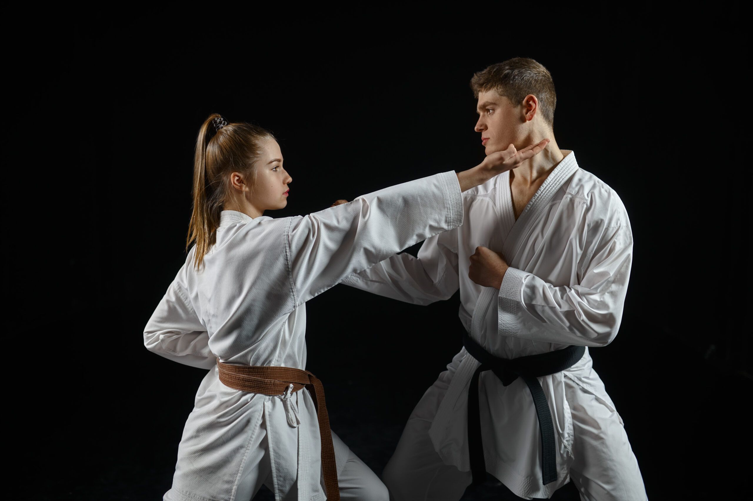 Entrenamiento de Karate: Golpe en Acción para un Estilo de Vida Activo y Saludable Chica practicante de karate ejecutando un golpe dirigido a un compañero durante un entrenamiento, destacando técnica y agilidad.