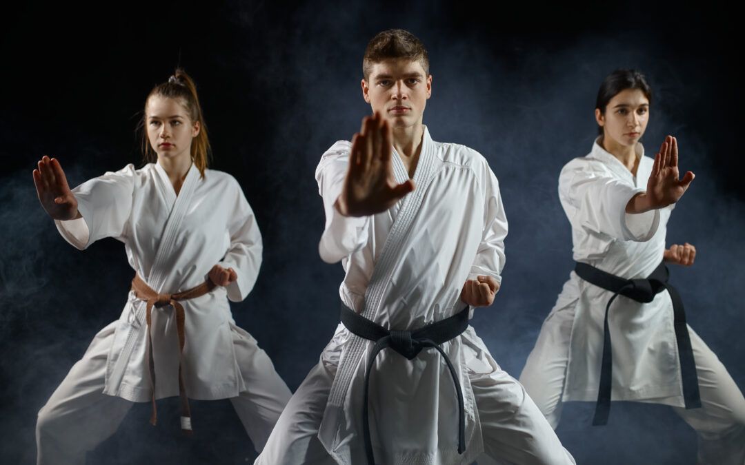 Chicos practicando katas de karate en grupo, desarrollando habilidades físicas y disfrutando del aprendizaje.